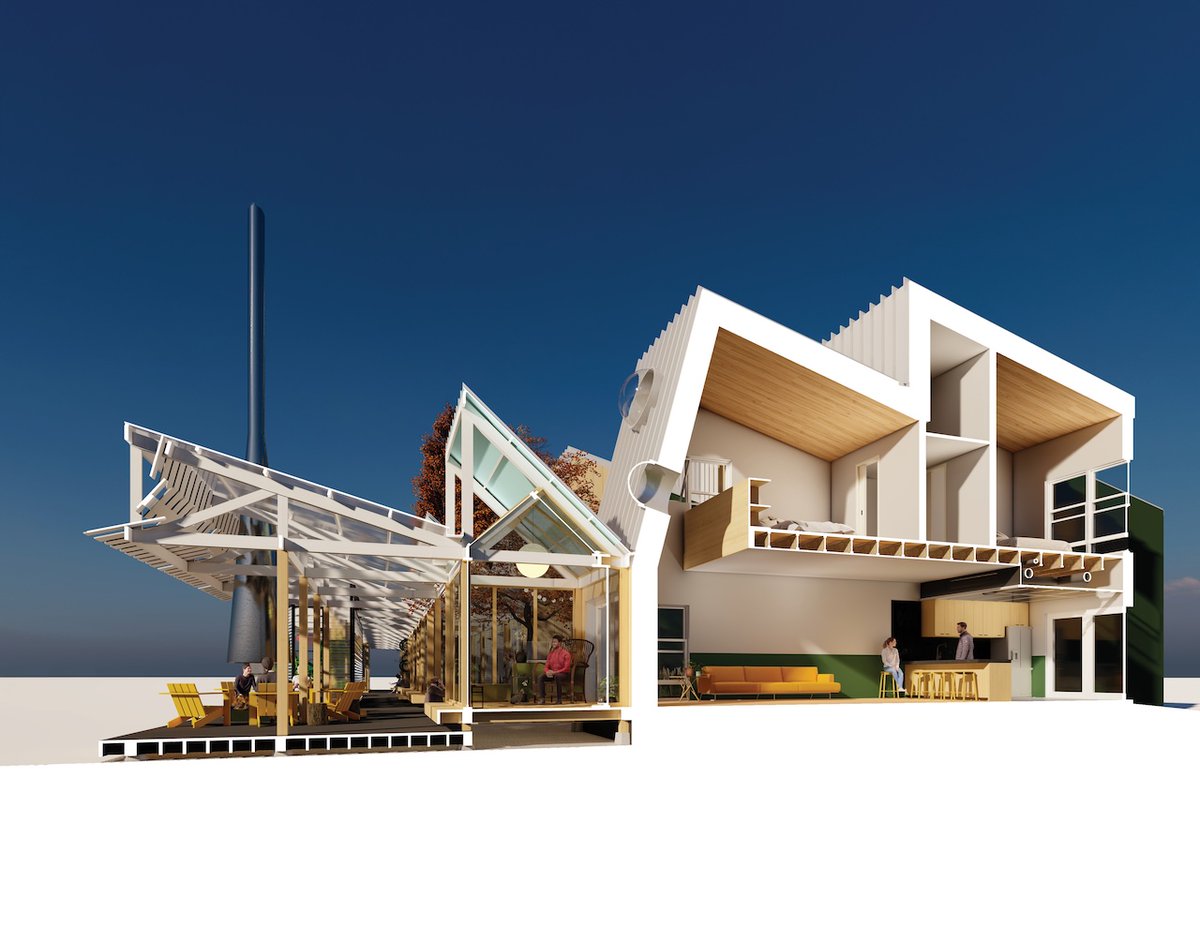 Architizer's tweet photo. Rather than conceptualize the porch as a superadded element attached to a house, this proposal rescales and foregrounds it to shape housing. The 'hyper-porch' moves beyond the porch’s accessory function to give a complex of buildings added social functionality.

📍United States
Project by: University of Arkansas Community Design Center
Details: https://t.co/aWNXuhBJ9b