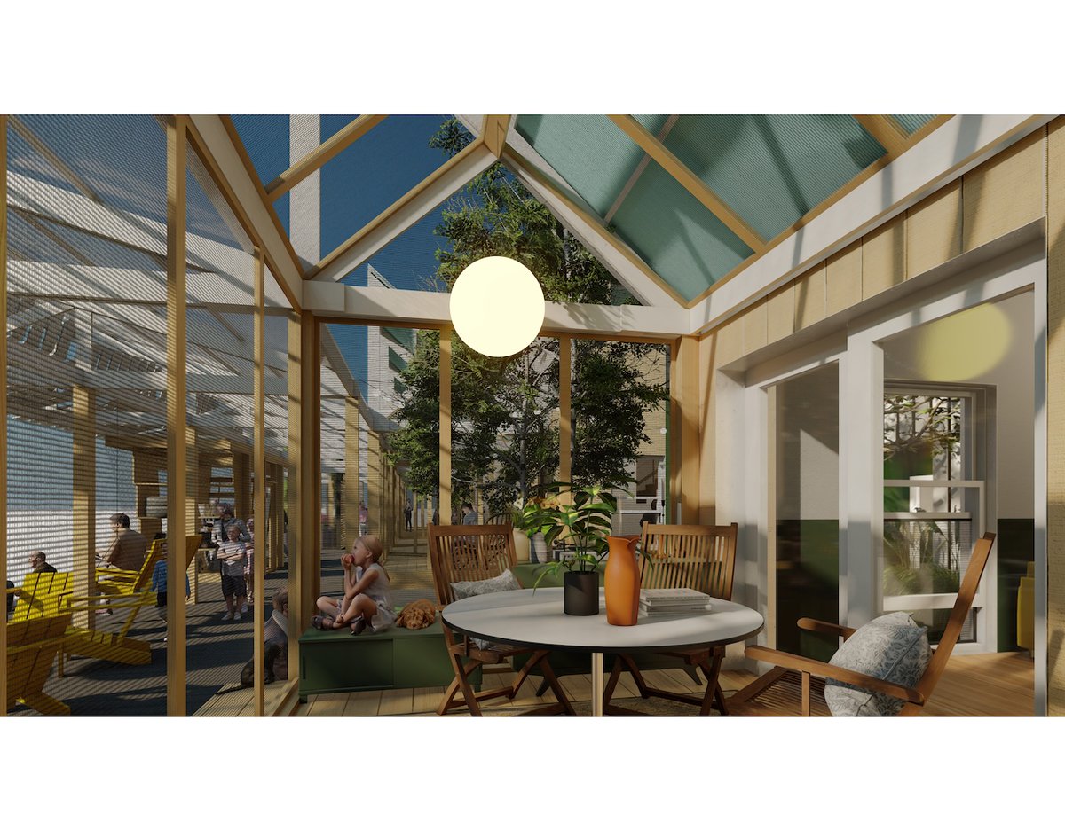 Architizer's tweet photo. Rather than conceptualize the porch as a superadded element attached to a house, this proposal rescales and foregrounds it to shape housing. The 'hyper-porch' moves beyond the porch’s accessory function to give a complex of buildings added social functionality.

📍United States
Project by: University of Arkansas Community Design Center
Details: https://t.co/aWNXuhBJ9b