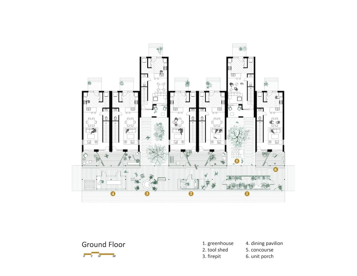 Architizer's tweet photo. Rather than conceptualize the porch as a superadded element attached to a house, this proposal rescales and foregrounds it to shape housing. The 'hyper-porch' moves beyond the porch’s accessory function to give a complex of buildings added social functionality.

📍United States
Project by: University of Arkansas Community Design Center
Details: https://t.co/aWNXuhBJ9b