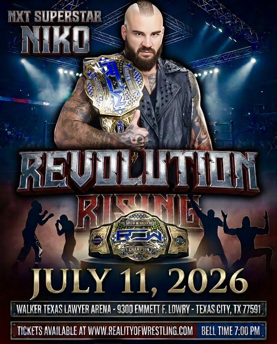 TheOfficialROW's tweet photo. 🚨 TALENT ANNOUNCEMENT 🚨
The Reality Of Wrestling Championship will be on the line at REVOLUTION RISING!
NXT Superstar and Reality Of Wrestling Champion @NikoVanceWWE is officially set to defend the gold on Saturday, July 11th in Texas City.
After proving he belongs at the top of Reality Of Wrestling, @NikoVanceWWE now faces his next challenge. The only question is…
Who will step up and challenge the champion?
🚪 Doors Open: 6:30 PM
🔔 Bell Time: 7:00 PM
📍 9300 Emmett F. Lowry Expressway
Texas City, TX 77591
🎟️ Tickets On Sale NOW:
👉 https://t.co/8hEzuvyFZS
#RevolutionRising #RealityOfWrestling #ROWNation #NikoVance