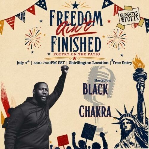 busboysandpoets's tweet photo. Freedom ain’t finished. 🇺🇸

Join us July 4th (5–7PM) in Shirlington for Poetry on the Patio—hosted by Black Chakra. 🎤

Free entry. Real voices. Be there. https://t.co/gI4gG7arES