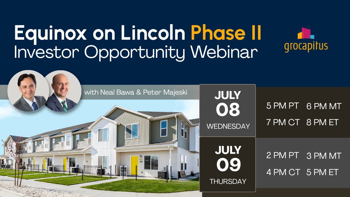 grocapitus's tweet photo. Proven project. Proven team. Smarter Phase II.

Join Neal Bawa for our Equinox on Lincoln Phase 2 Investor Webinar and learn why we’re targeting a projected 23.7% AAR.

Register: https://t.co/SQYCAzXsvo 

#RealEstateInvesting #InvestorWebinar https://t.co/6FB0UYTphY