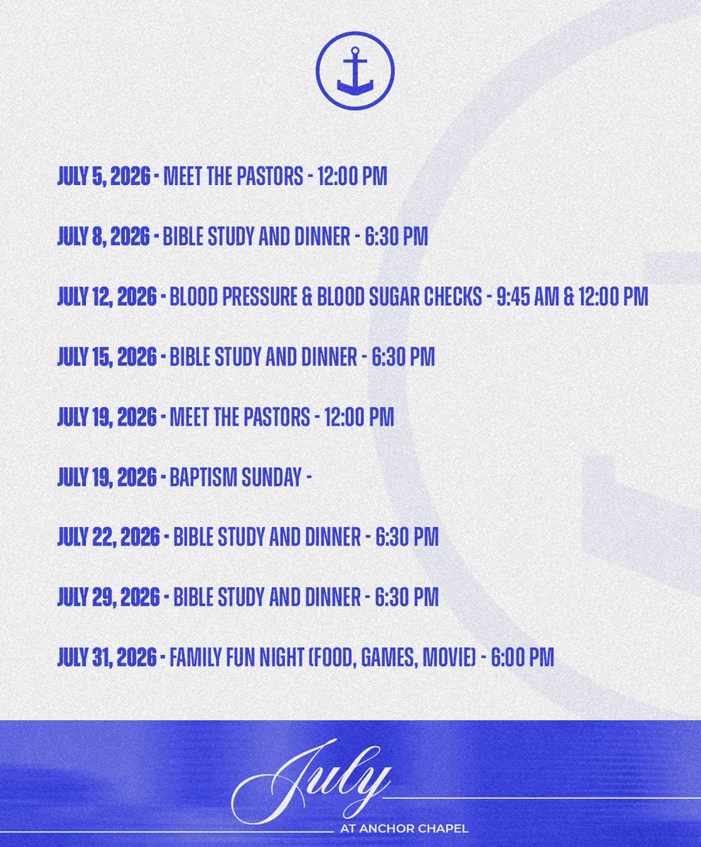 AnchorChapel's tweet photo. ☀️ July at Anchor is here!

From Sundays to Bible Study and everything in between, there's a place for you this month. We can't wait to worship, grow, and build community together.

Save these dates, invite a friend, and we'll see you at Anchor! 🤍 https://t.co/N9GS4xVgSz