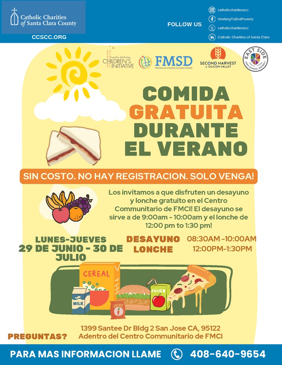 CatholicCharSCC's tweet photo. FREE Summer Meals Program starting June 29–July 30.
No cost. No sign‑up. Just show up for breakfast (8:30–10:00am) and lunch (12:00–1:30pm) at the FMCI Community Center, 1399 Santee Dr, San Jose.
Learn more about FMCI: https://t.co/JcWWUCkbKS
#FMCI #CommunityStrong https://t.co/eZLhXOQhgu