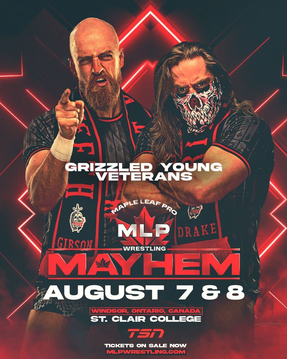 MapleLeafPW's tweet photo. The Grizzled Young Veterans are Mayhem bound! @ZackGibsonGYV &amp; James Drake hit Windsor, Ontario for the MLP Mayhem TV Tapings August 7-8!

See what GYV has in store live by getting tickets at https://t.co/34ujz2tRsw https://t.co/k3MEfVggJj