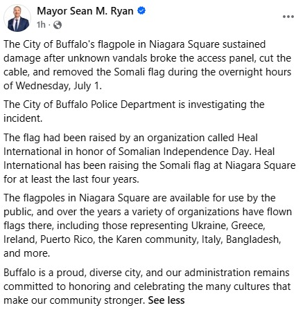 libsoftiktok's tweet photo. BREAKING: The Somali flag flying over Buffalo City Hall has been reportedly STOLEN just hours after it was raised.

Buffalo's Democrat Mayor Sean Ryan, claims that individuals cut the cable in the middle of the night and took the flag down. He then goes on a rant about "diversity."

Police are currently investigating, and no charges have been filed.