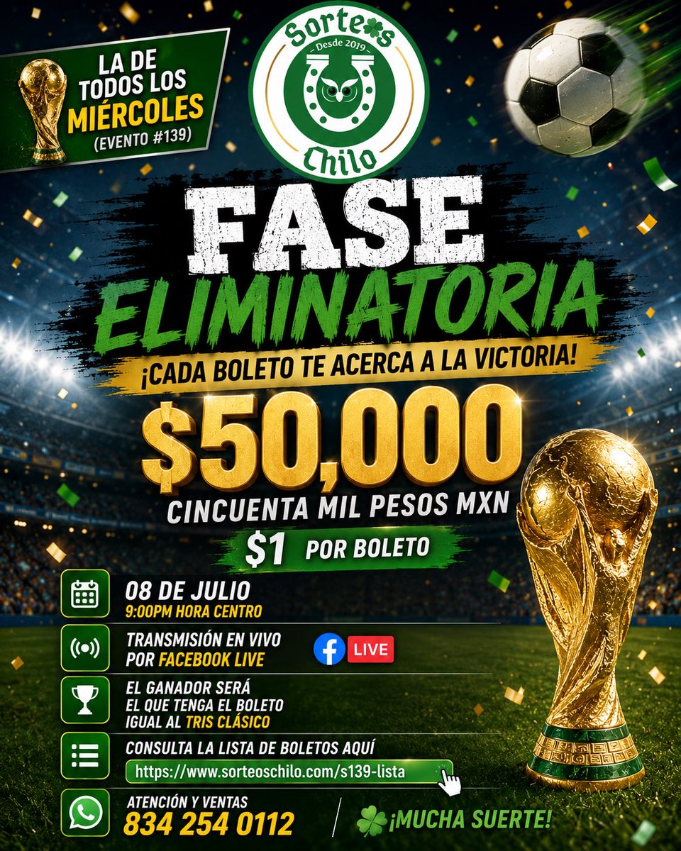 MMRifas5's tweet photo. 🔴ARRANCAMOS EL S139🔴Se van $50 mil pesos por tan solo $1 peso por boleto🥳

Adquiere tus boletos aquí 👉🏻 https://t.co/k0ldqTPkDV 🎰

Además activaremos $5 mil pesos extras en RULETAZOS 🎯Al acabarse todos los bolets😮‍💨

#Mexico #octavos #mundialdefútbol2026 https://t.co/QYLNgPSEQX