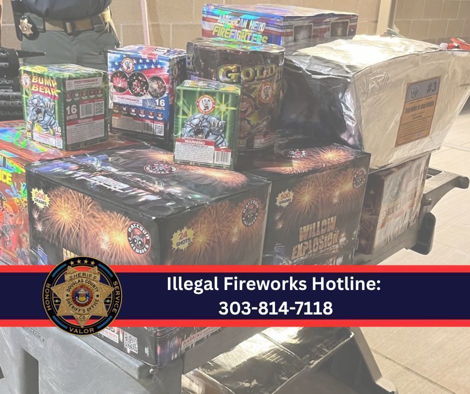 dcsheriff's tweet photo. 🎆 Celebrate Safely, Douglas County!

As the 4th of July approaches, we want to remind everyone to celebrate responsibly. We get it, fireworks are a holiday favorite. But they can also be dangerous, spark wildfires, and cause serious stress for neighbors, pets, and veterans. Under Stage 2 Fire Restrictions, ALL fireworks are banned. 

If you see illegal fireworks and can provide the location, please use the Fireworks Hotline, 303-814-7118. It will be staffed and available to receive fireworks-related complaints from July 3rd through July 5th, between 6:00 p.m. and midnight each evening. 

Outside of these dates and hours, citizens should report fireworks-related concerns through Douglas Regional 9-1-1's non-emergency line at 303-660-7500.