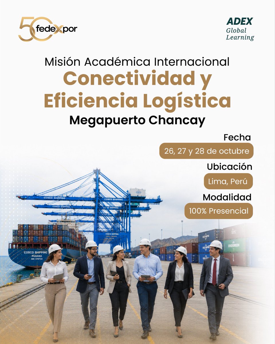 Fedexpor's tweet photo. Sé parte de la Misión Académica Internacional: Conectividad y Eficiencia Logística, en el Megapuerto de Chancay, Perú, una experiencia exclusiva para profesionales que buscan comprender nuevos escenarios del comercio internacional, generar conexiones estratégicas y tomar decisiones con visión de futuro.

Ejecutado por FEDEXPOR, en alianza con la Asociación de Exportadores de Perú - ADEX.

📍 Lima, Perú
📅 Del 26 al 28 de octubre
✅ 100% presencial

Reserva tu cupo y vive una experiencia internacional que transformará tu visión logística.

Mas información aquí: https://t.co/TXSxMERH4G