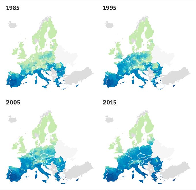 Datawrapper's tweet photo. On the heels of the latest heatwave, our head of design David looks into the cooling (and heating) needs of Europe. 🧊 🗺️ 🔥 

How have they changed over the past 40 years? See the detailed maps below. 👇 

https://t.co/eX5AsSIbAB https://t.co/uJ7gZIkOfX