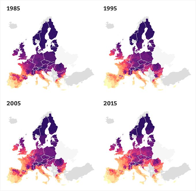 Datawrapper's tweet photo. On the heels of the latest heatwave, our head of design David looks into the cooling (and heating) needs of Europe. 🧊 🗺️ 🔥 

How have they changed over the past 40 years? See the detailed maps below. 👇 

https://t.co/eX5AsSIbAB https://t.co/uJ7gZIkOfX