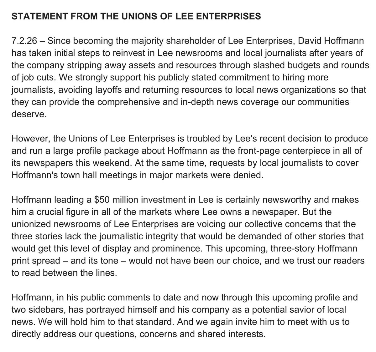 LeeUnions's tweet photo. A profile package on David Hoffmann, majority shareholder of Lee Enterprises, is running in all @LeeEntNews papers this weekend. We support his goals but also support independent, editorial integrity. Please read the @Poynter story and our full statement: https://t.co/FnOCDQXXA3 https://t.co/SNxsl2YXxN