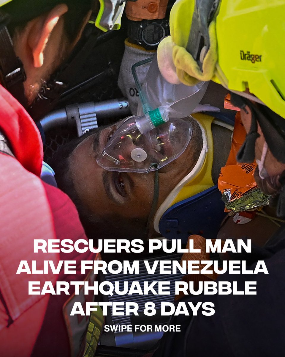 Complex's tweet photo. A miracle pulled from the rubble 🙏

A 43 year old man named Hernan Gil was pulled alive from beneath a collapsed nine story building in Venezuela after spending eight days trapped under nearly 30 feet of rubble. Rescue crews called the 70 hour operation ‘miraculous.’ The security guard was conscious, stable, and reunited with hope after surviving the country’s devastating earthquakes.

[📸: via/ GettyImages]