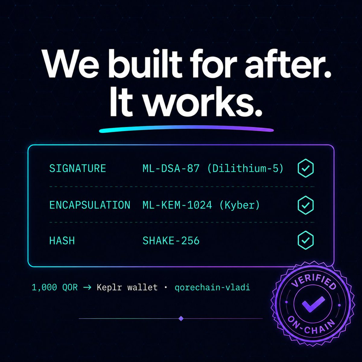 epure_liviu's tweet photo. Years ago we made a bet that sounded paranoid: build a blockchain for after classical cryptography breaks, not before.

Today that bet produced something real.

The first fully post-quantum transaction on a public mainnet. 1,000 QOR, sent to a wallet created in Keplr:

Signature: ML-DSA-87 (Dilithium-5) Encapsulation: ML-KEM-1024 (Kyber) Hashing: SHAKE-256

Every layer quantum-safe. On-chain. Verify it yourself: https://t.co/nNxymZrIK6