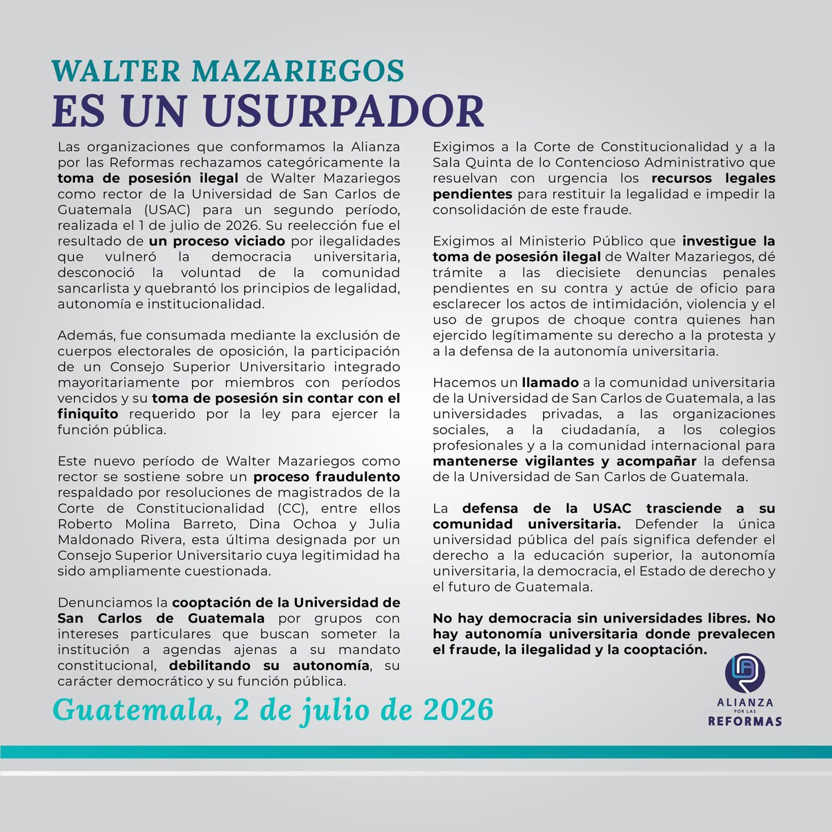 EpicentroGuate's tweet photo. .@AlianzaRgt expresa su rechazo ante la toma de posesión de Walter Mazariegos como rector de la USAC, para un segundo período. "Su reelección fue el resultado de un proceso viciado por ilegalidades", señaló. https://t.co/p6j7MjHen0