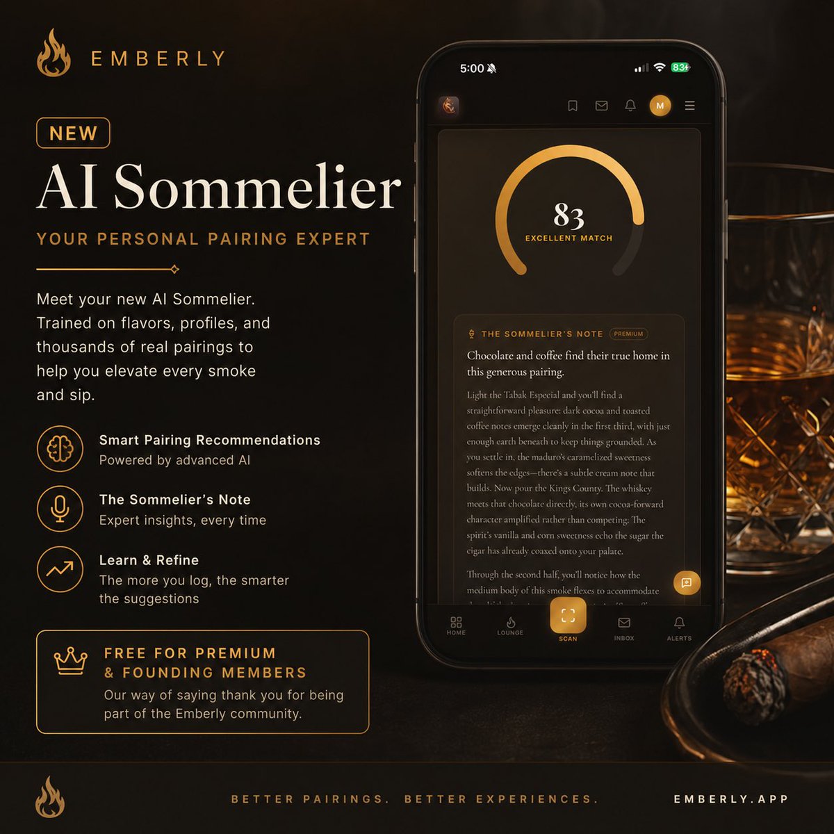 EmberlyCigarApp's tweet photo. Meet Emberly’s new AI Sommelier 🥃🔥

Your personal pairing expert for cigars &amp; spirits — smart recommendations, thoughtful notes, and better pairings every time.

Free for Premium &amp; Founding Members.

Try it at https://t.co/oYSdr9NXDI

#Cigars #Bourbon #Emberly https://t.co/vNh1NTQQGj