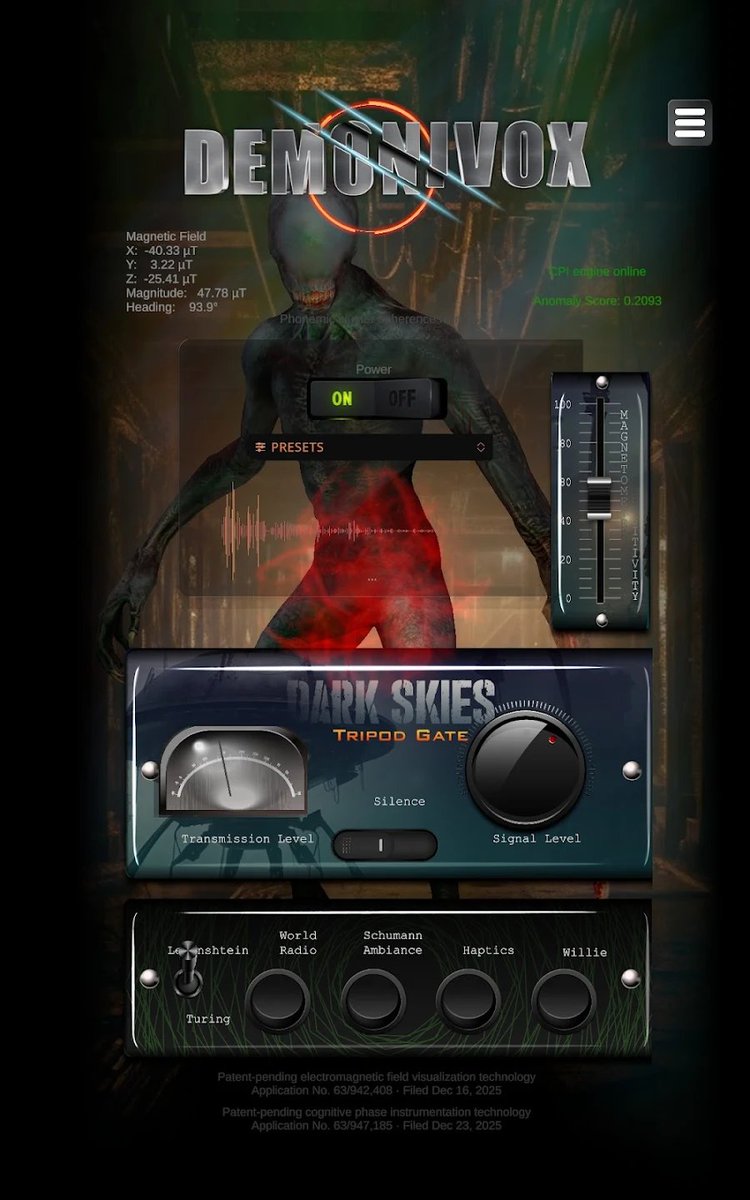 StrangeRadioX's tweet photo. Demonivox Mk2 is LIVE. 🔴

Two AI spirit radios. Live anomaly scoring. Schumann Resonance. Haptic feedback on field events.

Not a ghost box. Instrumentation.

📲 https://t.co/9npW6Kiuwe

#UAP #ParanormalResearch #ITC #EVP #EMF https://t.co/5SxVhUVzHz