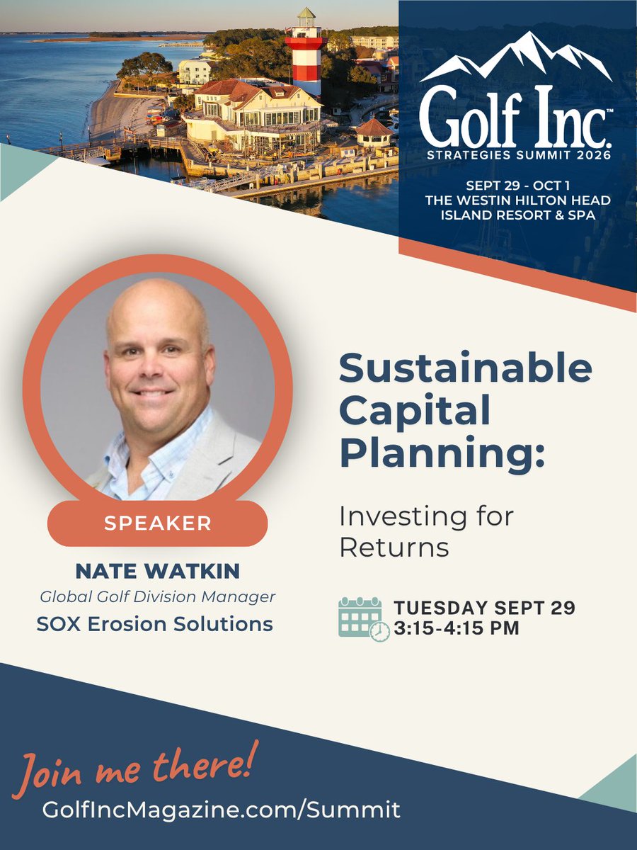 GolfInc's tweet photo. Join Nate Watkin, Global Golf Division Manager at SOX Erosion Solutions, at the 2026 Golf Inc. Strategies Summit.
 
Hear how golf course owners, operators and industry leaders are tackling today's biggest challenges, what's working at their courses and where they see the industry heading. Connect with peers, exchange ideas and build relationships with others who understand the business of golf.
 
Register here: https://t.co/q5HzbA9fuQ