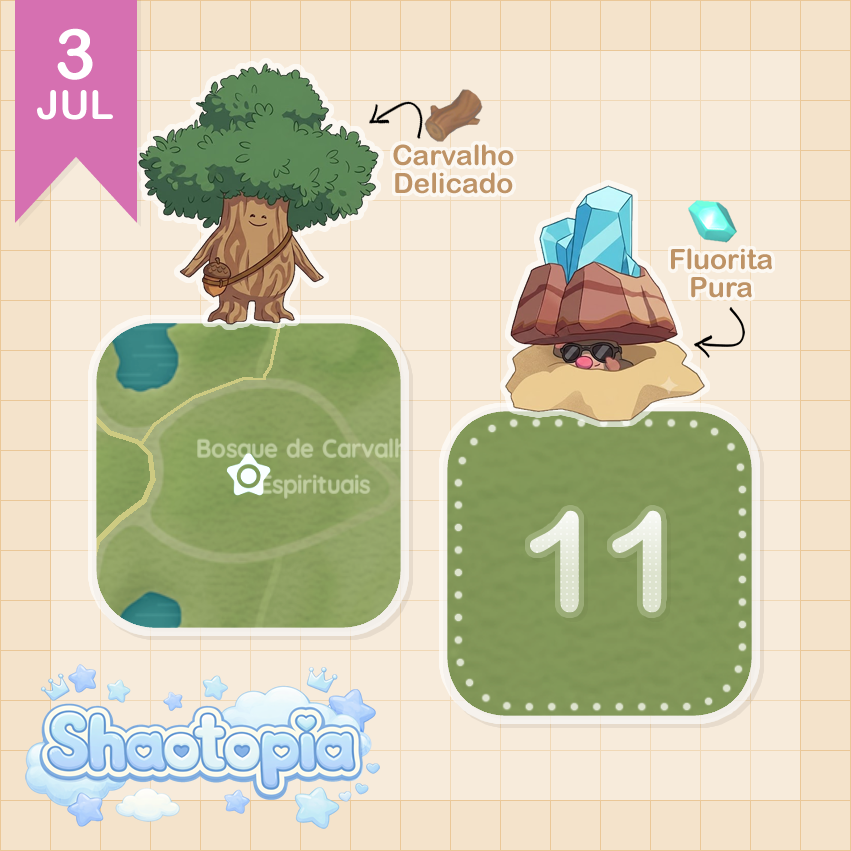 shaotopia's tweet photo. Dia 03 de Julho (Sexta)
✧ Coletáveis ✧

🌳 Carvalho Delicado: Bosque dos Carvalhos Espirituais
💎 Fluorita Pura: Lote 11

☄️ Meteoro às 20h (UTC-5)

#Heartopia https://t.co/UXE4Wbvumw
