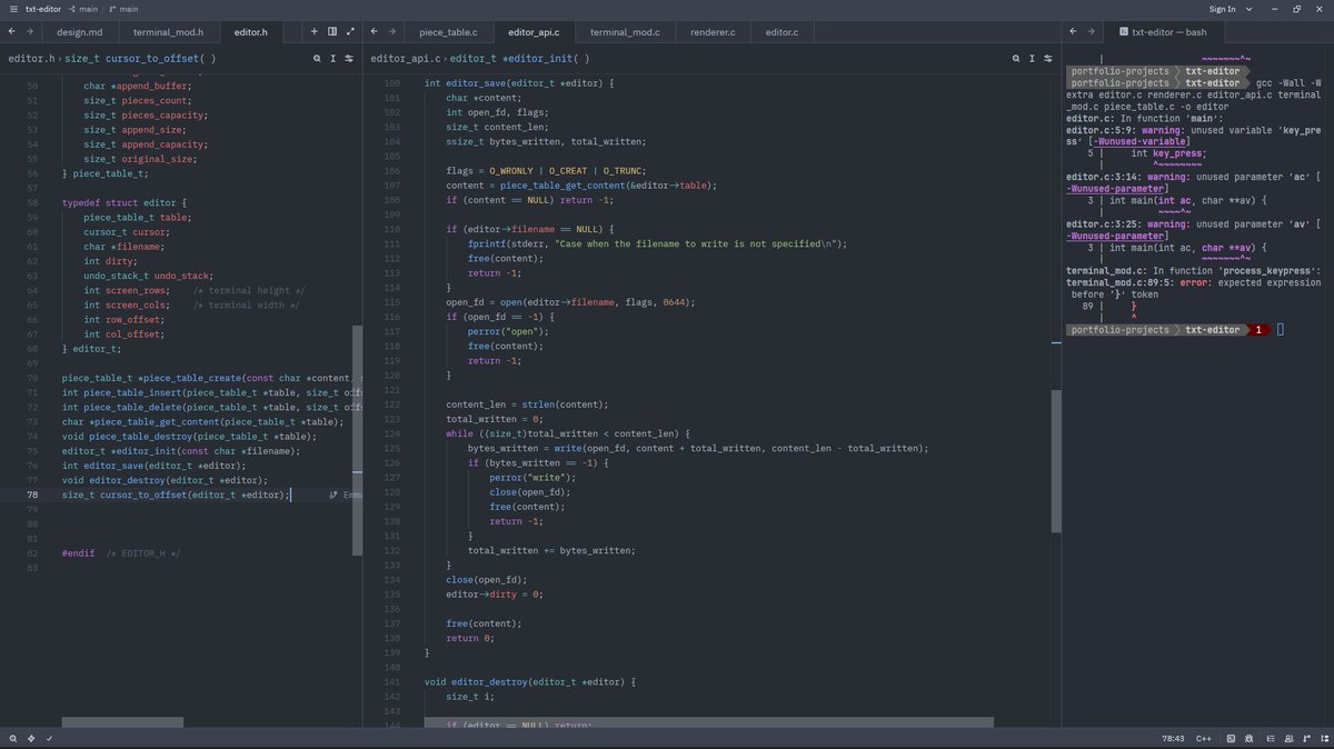 Emma_ifedi's tweet photo. Update on my text editor implementation, so far I've been able to implement all the necessary APIs for the piece table data structure, for the past couple of days I've worked on the editor structure.
https://t.co/UM6M8C6NL2

#systemprogramming #lowlevel https://t.co/5z1uS4k6vV