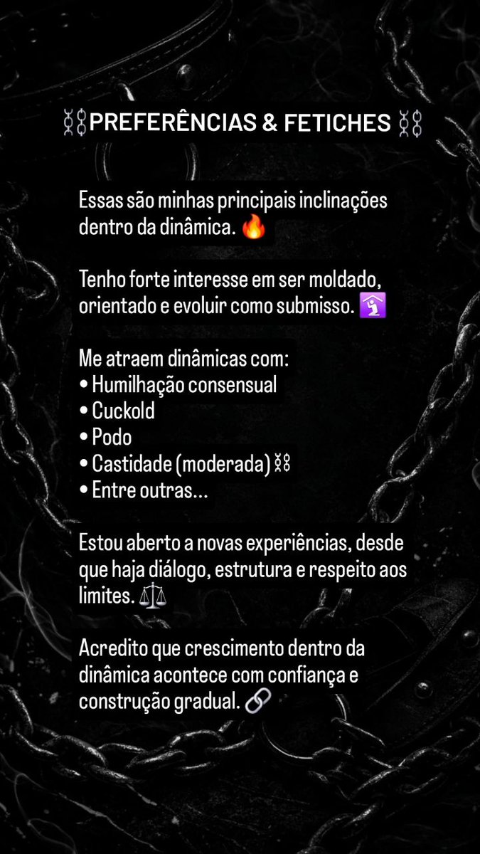 Capacho_bsb's tweet photo. Novo por aqui. Submisso por essência, consciente e com limites bem definidos.
Busco dinâmicas sérias baseadas em respeito, diálogo e evolução gradual.
​Arrasta para o lado para ver minhas preferências, limites e resultados do teste. ⛓️🖤
​#BDSMBrasil #KinkBR #Submisso #BDSM https://t.co/zmecIRoSAP