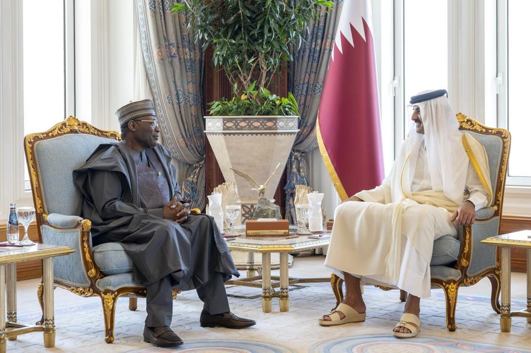NigeriaMFA's tweet photo. Prof. Mahmood Yakubu, Ambassador Extraordinary and Plenipotentiary of the of Nigeria to the State of Qatar, formally presented his Letters of Credence to His Highness Sheikh Tamim bin Hamad Al-Thani, Amir of Qatar, at the Amiri Diwan in Doha on Thursday, 2 July 2026. https://t.co/6GDjf4LrlF