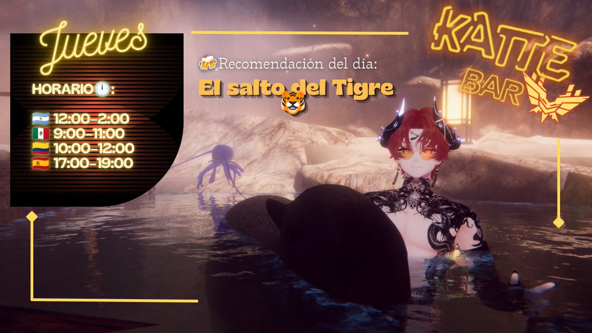 Bar_Katte's tweet photo. 🍻✨ ¡Bar Katte abre sus puertas! ✨🍻

🕛 Jueves 02 | Horarios:
🇦🇷 12:00–2:00
🇲🇽 9:00–11:00
🇨🇴 10:00–12:00
🇪🇸 17:00–19:00

🍹 Ven a relajarte, estar de chill y disfrutar de nuestra compañía 💫🫶

📍 Recomendación del día: El Salto del Tigre 🐯🔥
Intenso y salvaje 👀✨

🧡🔀 ¡Sus likes y RTs siempre son más que bienvenidos! ✨

¡Únete a nuestra comunidad! ✨

🔗 DISCORD: https://t.co/NdjyhleuGO
🔗 GRUPOVR: https://t.co/Y5xisJfSKV