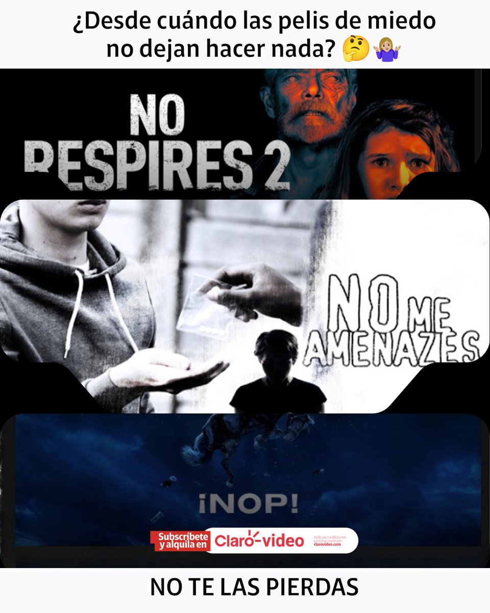 ClarovideoCO's tweet photo. No todos los "NO" son una mala señal. 👀🎬

Hay uno al que siempre vale la pena decirle SÍ: una noche de películas de terror en Claro video. 😎🍿

Suscríbete y descubre todo lo que tenemos para que el miedo sea parte del plan.

#Terror #PelículasDeMiedo #Clarovideo #NocheDePelículas