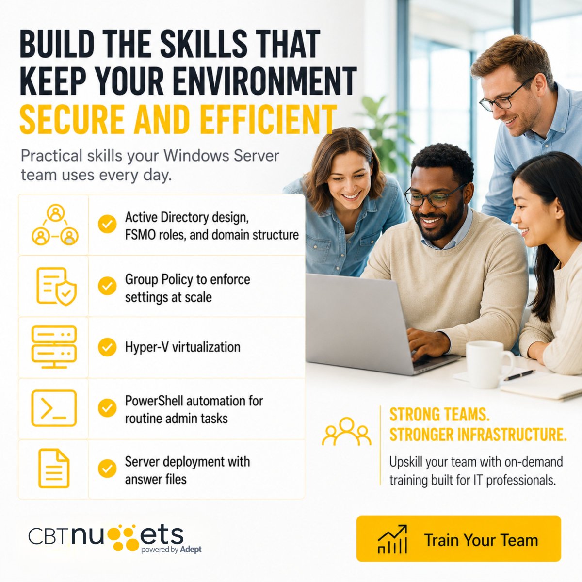 CBTNuggets's tweet photo. Windows Server 2025 is running your infrastructure. Is your team qualified to manage it?

Active Directory, Group Policy, Hyper-V, PowerShell, storage: covered. ✅  

Get training for your team: https://t.co/y3nufvmUcn https://t.co/gVHN0wPC2G
