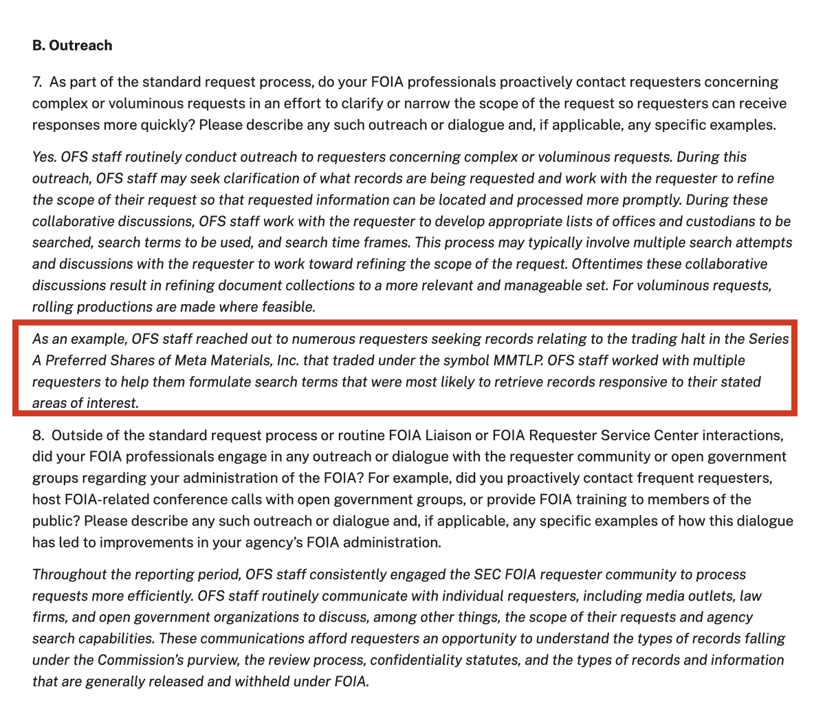Crypto_mushroom's tweet photo. Interesting mention of MMTLP in the Chief FOIA Officer Report 2026

- This report is an annual transparency report that explains how the SEC handled requests under the Freedom of Information Act (FOIA) during the previous year. Its purpose is to show how the agency is improving public access to records, reducing request backlogs, training staff, and complying with federal FOIA requirements. It is an administrative performance report, not a report on investigations, enforcement actions, or specific securities.

Curious is that MMTLP is the only security the be named specifically; 
here under the the section B. Outreach : 

7.  As part of the standard request process, do your FOIA professionals proactively contact requesters concerning complex or voluminous requests in an effort to clarify or narrow the scope of the request so requesters can receive responses more quickly? Please describe any such outreach or dialogue and, if applicable, any specific examples.

"As an example, OFS staff reached out to numerous requesters seeking records relating to the trading halt in the Series A Preferred Shares of Meta Materials, Inc. that traded under the symbol MMTLP. OFS staff worked with multiple requesters to help them formulate search terms that were most likely to retrieve records responsive to their stated areas of interest."

I wonder if any requesters have this same experience 
🙂
Link: https://t.co/IKgKIL8xoJ
$MMTLP