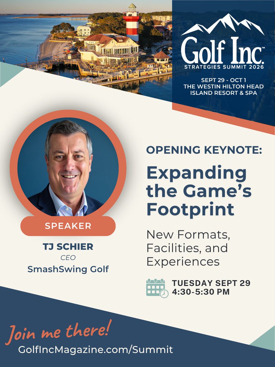 GolfInc's tweet photo. Join TJ Schier, CEO at SmashSwing Golf, at the 2026 Golf Inc. Strategies Summit.
 
Hear how golf course owners, operators and industry leaders are tackling today's biggest challenges, what's working at their courses and where they see the industry heading. Connect with peers, exchange ideas and build relationships with others who understand the business of golf.
 
Register here: https://t.co/q5HzbA9Nko
