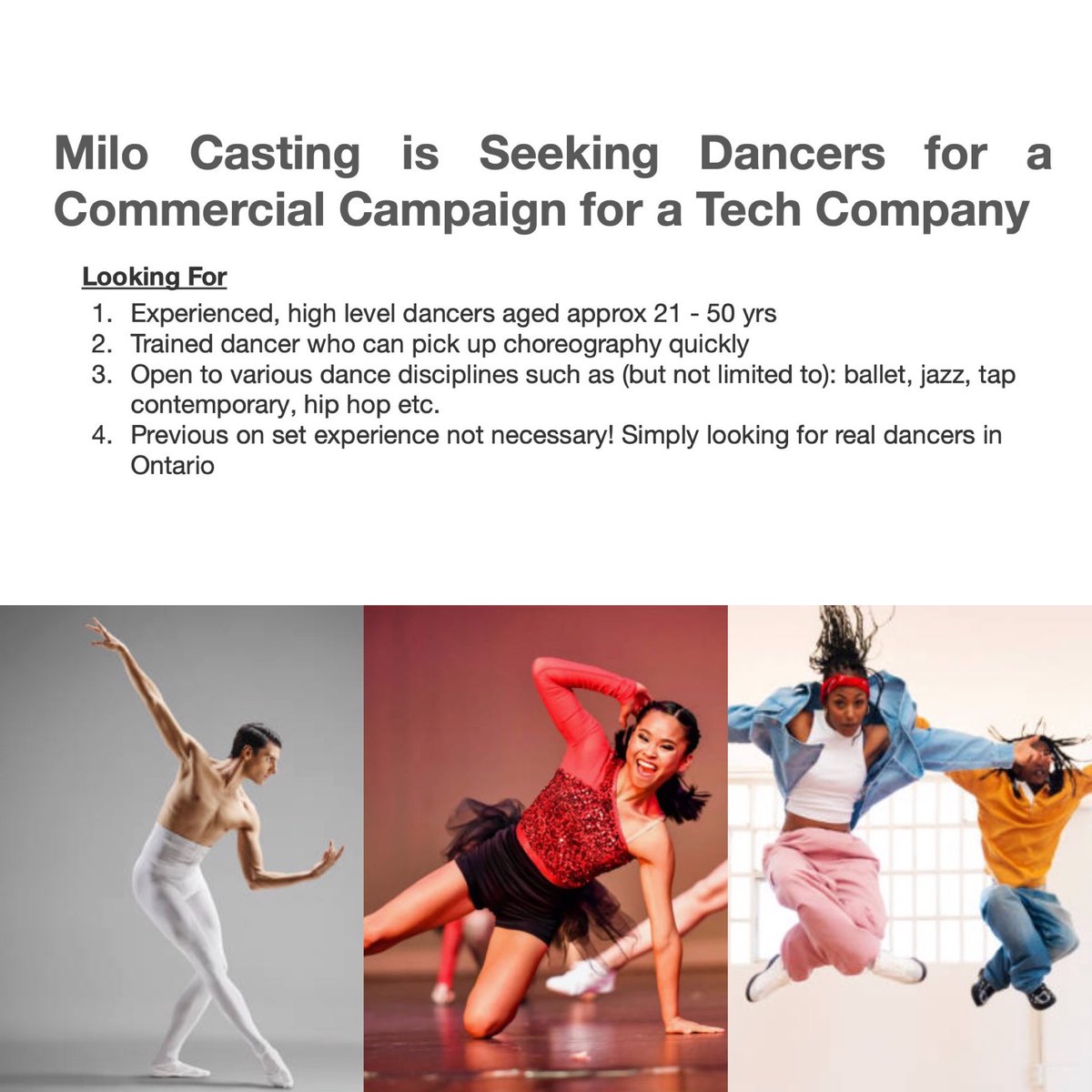 milocasting's tweet photo. MiLO Casting is Seeking Dancers for a Commercial Campaign for a Tech Company! Submit here: https://t.co/yMKV7qgwrc https://t.co/a71mAcjStJ