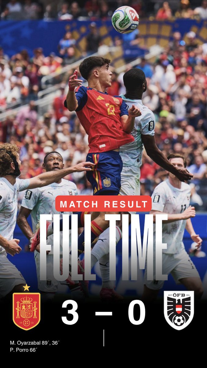 nws_score's tweet photo. España pasa a Octavos de Final con un marcador final 3-0 ante Austria.😳🇪🇸
Ahora solo esperaremos el resultado entre Portugal y Croacia para ver quién será su rival en estos Octavos del Mundial 2026 🇵🇹🇭🇷 https://t.co/v9VkFD4KiB