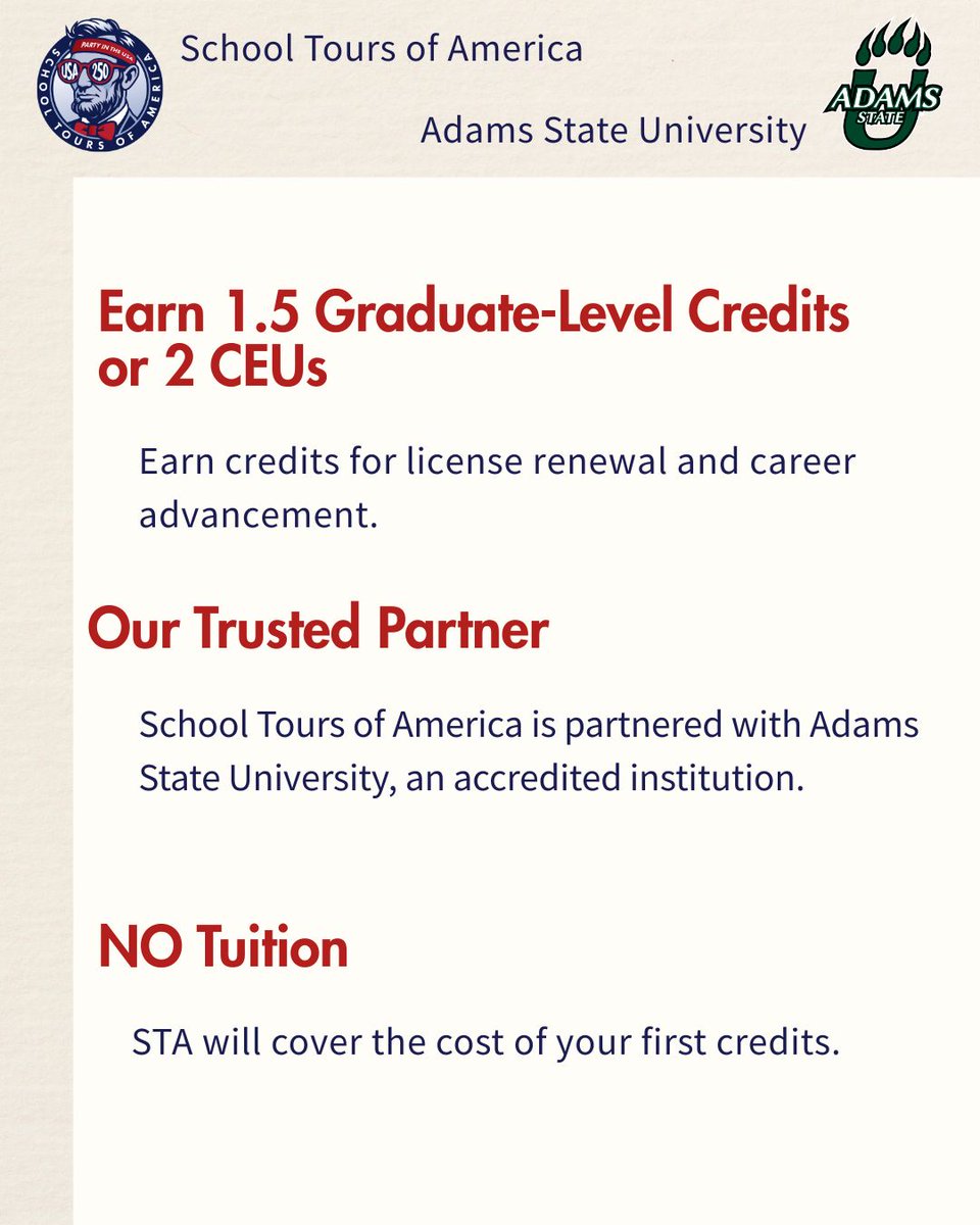 SToursofAmerica's tweet photo. 📚Travel. Learn. Earn. Turn your STA journey into graduate-level credits or CEUs through our partnership with Adams State University and make your travel experience count toward your future.🍎

#studenttravel #educationaltours #adamsstateuniversity https://t.co/9YC9nWXTqF