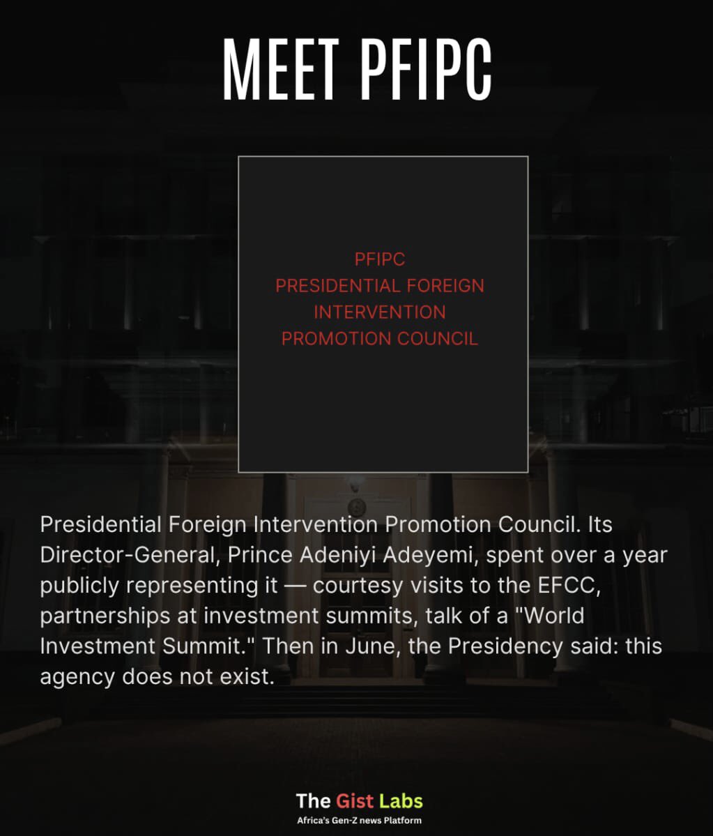 TheGistLabs's tweet photo. A government agency the Presidency says "does not exist"  reportedly sitting in Nigeria's ₦68.32 trillion budget. Then a bribery allegation. Then a counter-accusation of impersonation. We broke down what's confirmed, what's disputed and disputed. 

Swipe through. https://t.co/4dMzmDZGlP