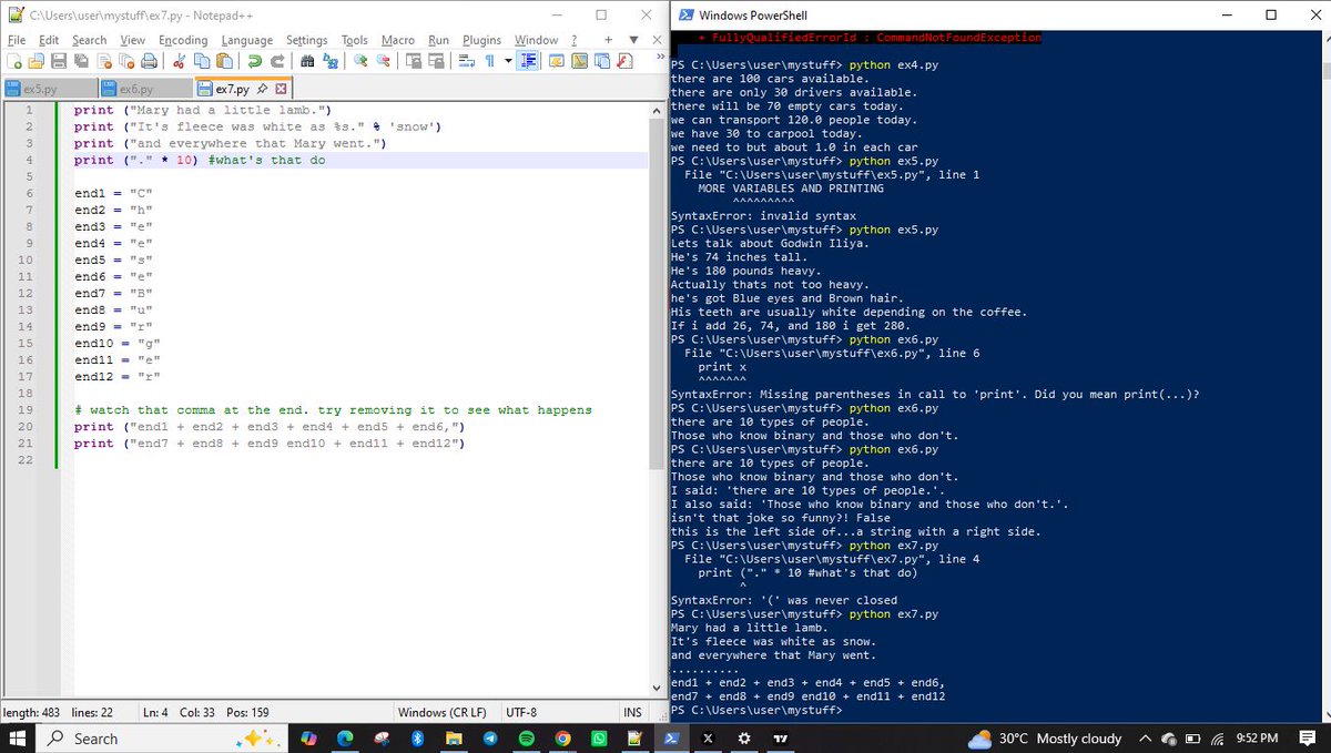 Godwingold_eth's tweet photo. EPISODE3:
LEARNED: spent more time learning variables and printing, new things like format strings and "" double qoute around a piece of text.
Strings and Texts: A string is usually a bit of text you want to display to someone or “export” out of the program you are writing. https://t.co/9DpfQk2Ybz