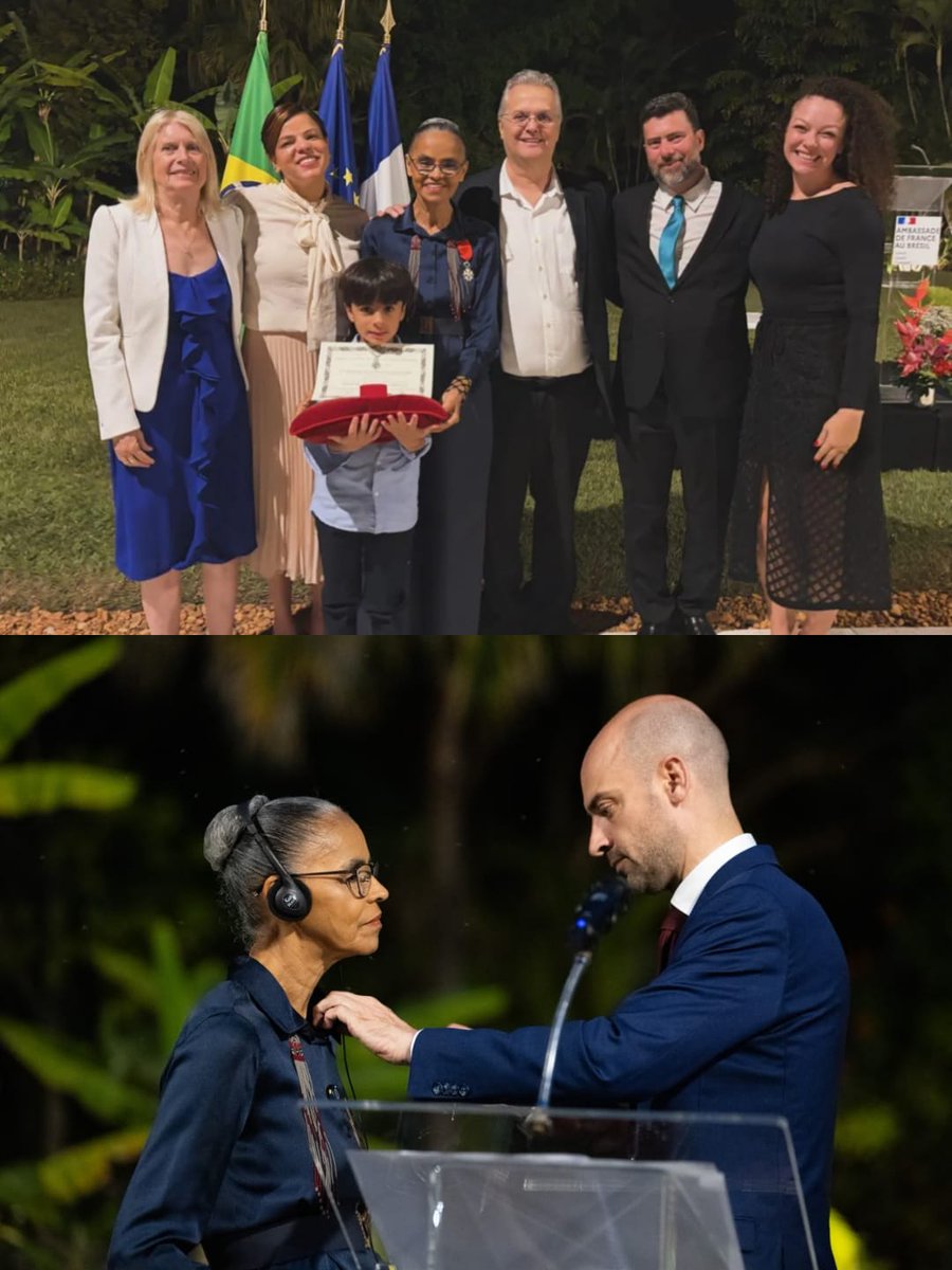 MarinaSilva's tweet photo. Recebi com profunda gratidão e alegria a insígnia de Cavaleiro da Ordem Nacional da Legião de Honra, a mais alta honraria da República Francesa. Agradeço ao presidente Emmanuel Macron (@EmmanuelMacron), ao Governo da França, ao ministro da Europa e dos Assuntos Exteriores da França, Jean-Noël Barrot (@jnbarrot), e ao povo francês por esse reconhecimento, que acolho não como uma conquista individual, mas como uma celebração ao trabalho que o Brasil, especialmente com o retorno do presidente Lula (@LulaOficial), vem realizando para reconstruir sua política ambiental, fortalecer a democracia e reafirmar seu compromisso com a cooperação entre os povos.

Recebo essa condecoração em nome de todas as pessoas que protegem nossos biomas, produzem conhecimento, defendem os direitos dos povos indígenas e das comunidades tradicionais, constroem políticas públicas e acreditam que é possível promover um novo ciclo de desenvolvimento economicamente resiliente, politicamente democrático, socialmente justo, culturalmente diverso e ambientalmente sustentável. É graças a esse compromisso que o Brasil voltou a ocupar um lugar de protagonismo no enfrentamento da crise climática a nível global.

Brasil e França compartilham valores que o mundo precisa preservar. Democracia, ciência, paz, direitos humanos e cooperação internacional. Em tempos de crise climática, conflitos geopolíticos e desinformação, precisamos evitar não apenas o ponto de não retorno do clima, mas também o do multilateralismo, indispensável para enfrentar desafios que pertencem a toda a humanidade.

Recebo essa honraria como um incentivo para seguir trabalhando, ao lado de tantos parceiros brasileiros e franceses, pela proteção da natureza, pela justiça climática, pela paz e pela construção de um mundo mais justo, solidário, democrático e sustentável. 

Que os ideais de Liberdade, Igualdade e Fraternidade, que inspiram esta condecoração, continuem iluminando a parceria entre Brasil e França e fortalecendo nossa determinação de construir um futuro melhor.

📸Créditos: Philémon Henry e Ádila Lopes.