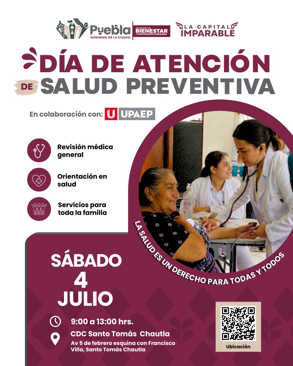 PueblaBienestar's tweet photo. 🥼 El Gobierno de la Ciudad organiza consultas médicas gratuitas con la #UPAEP, en el Centro de Desarrollo Comunitario de Santo Tomás Chautla, durante el Día de Atención de Salud Preventiva.
📅 Sábado 4 de julio 
🕛 09:00 a 13:00 hrs
📍 Av. 5 de Febrero esq. Francisco Villa https://t.co/wfUuAyVRzN