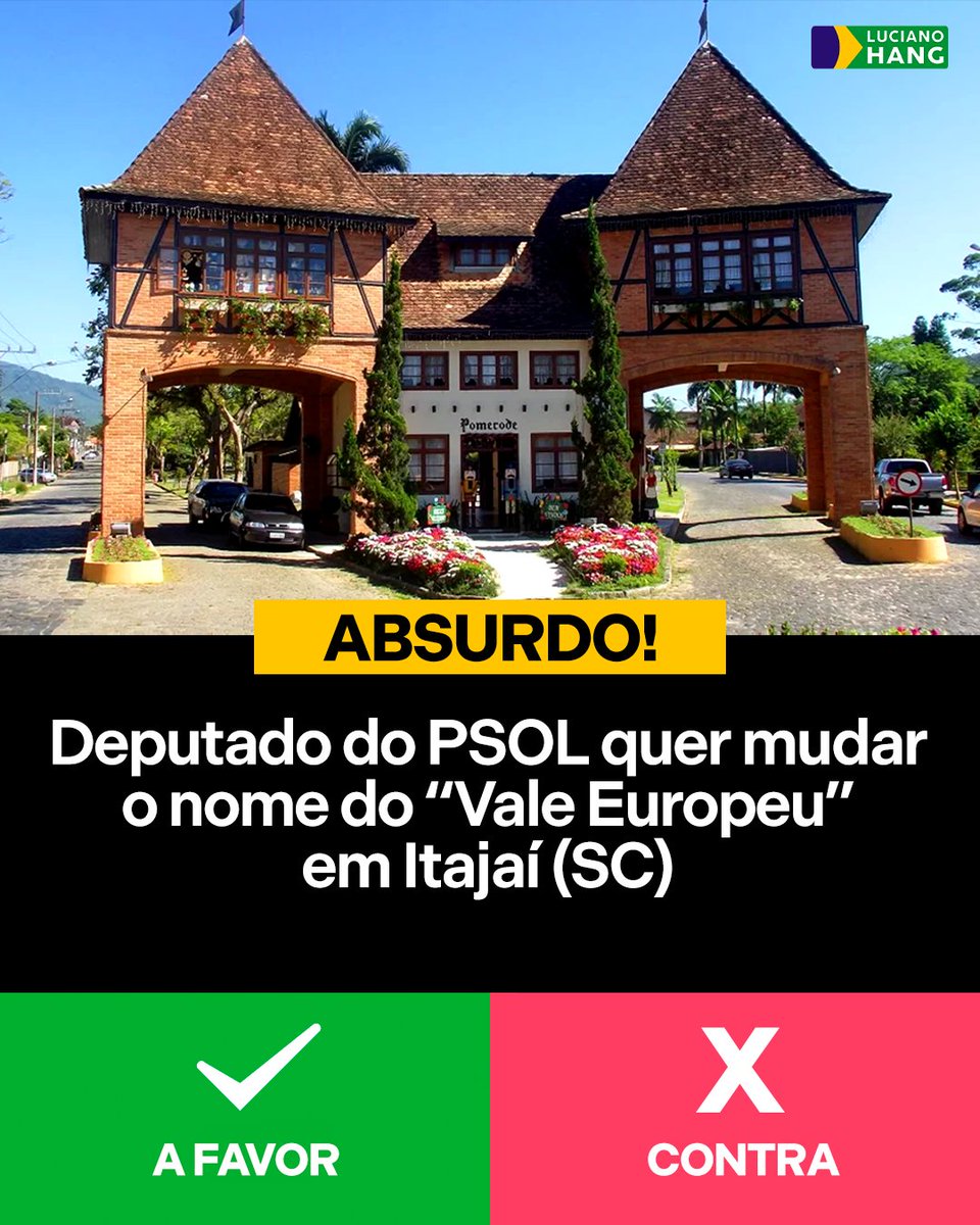 LucianoHangBr's tweet photo. Não fazem nada para ajudar e querem bagunçar o que já está feito.

Um deputado do PSOL decidiu propor a mudança do nome "Vale Europeu", da região do Vale do Itajaí, porque, segundo ele, a denominação não representa os povos indígenas da região. A pergunta que fica é: por que mexer nisso? Por que mudar algo que já faz parte da tradição, da história e da identidade do povo catarinense.

O Vale Europeu reúne cidades como Brusque, Blumenau, Gaspar, Pomerode, Timbó e Indaial, marcadas pela forte influência dos imigrantes que chegaram ao estado e *trouxeram* a sua arquitetura, gastronomia, costumes e tradições.

É impressionante como, em vez de focar em problemas que realmente afetam a vida das pessoas, surgem propostas ABSURDAS como essas para mudar aquilo que já faz parte da identidade do nosso povo.