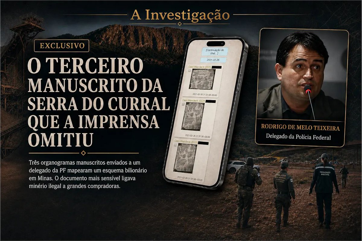 david_agape_'s tweet photo. Recebi informações de que o delegado Rodrigo Teixeira, investigado pela PF na Operação Rejeito, estaria negociando acordo de colaboração premiada.

Teixeira é o mesmo delegado que, em 2018, chefiou o inquérito sobre a facada em Jair Bolsonaro durante a campanha presidencial — investigação que concluiu que Adélio Bispo agiu sozinho, conclusão que Bolsonaro jamais aceitou.

É também o delegado que, como superintendente da PF em Minas Gerais, coordenou a primeira fase da investigação sobre o rompimento da barragem B1 em Brumadinho, tragédia que matou 270 pessoas — e que, em 2019, foi coautor de um livro-reportagem sobre a própria apuração que superintendia.

Seis anos depois de Brumadinho, Teixeira foi preso na operação que investiga os mesmo nomes ligados àquela tragédia. Segundo a PF, ele e o lobista Gilberto Horta negociaram, por meio da Gmais Ambiental — empresa registrada em nome de sua esposa, Daniela Wandeck —, os direitos minerários da Topázio Imperial junto ao grupo de João Alberto Paixão Lages, Alan Cavalcante e Helder Adriano de Freitas. A operação poderia render a Teixeira cerca de R$ 27 milhões sem qualquer investimento de sua parte.

Foi do celular de Teixeira que a PF extraiu os três manuscritos que A Investigação revelou. Organogramas que descreviam a engrenagem do esquema de mineração ilegal na Serra do Curral. 

Teixeira chegou a diretor de Polícia Administrativa, o terceiro cargo na hierarquia da PF no governo Lula, e foi nomeado pelo ministro Alexandre Silveira para o Comitê de Segurança, Meio Ambiente e Saúde da Petrobras.

Se a delação se confirmar, será a primeira vinda de dentro do núcleo de liderança do esquema — e pode redesenhar o mapa dos que, até agora, ficaram de fora dos indiciamentos.

https://t.co/S2VCD3ExQx
