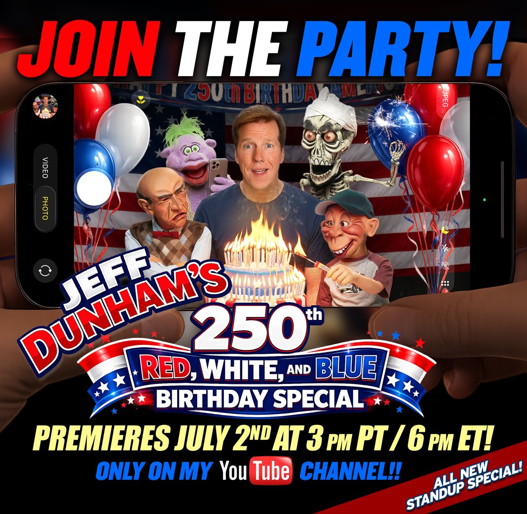 comedydynamics's tweet photo. Don’t miss our good friend @jeffdunham’s 250th Red, White, and Blue Birthday Special TODAY at 3 PM PT/6 PM ET! 🇺🇸

Only on @jeffdunham’s YouTube: https://t.co/JcbZkldqsN

#jeffdunham #comedy #standupcomedy #america250 #america https://t.co/XFke2JVhWz