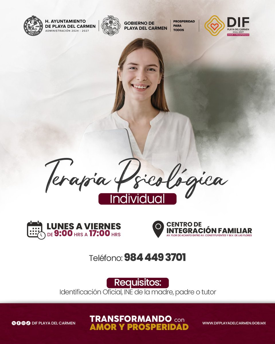 DIFPDC's tweet photo. En el Centro de Integración Familiar (CIF) ofrecemos terapia psicológica individual con atención profesional y confidencial, pensada para ayudarte a comprender, gestionar y mejorar tu estado emocional. ✨

📞 Agenda tu cita al: 984 449 3701.

#DIFPlayaDelCarmen #AmorYProsperidad https://t.co/bwMSz7WF3M