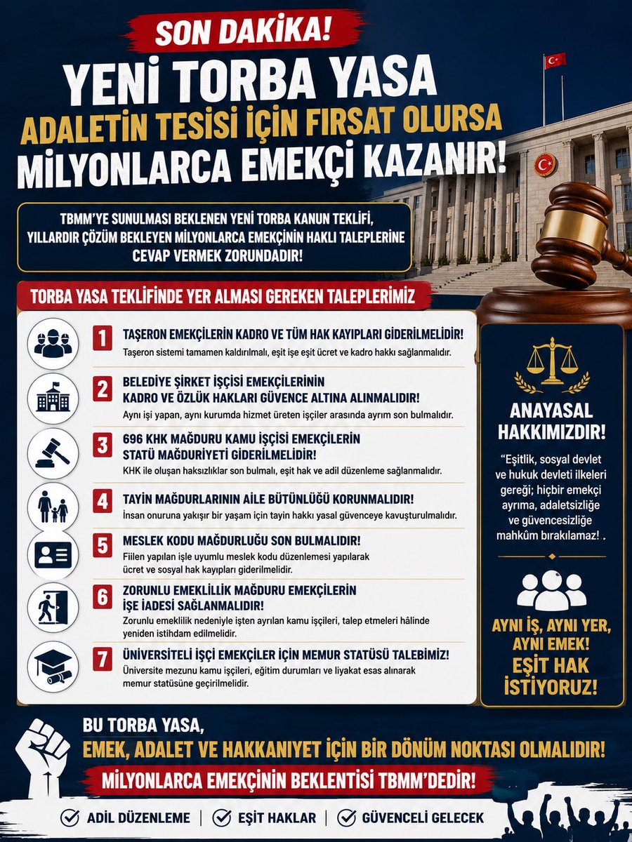 tlnozr44's tweet photo. TORBA YASA SADECE DÜZENLEME DEĞİL, ADALETİN TESİSİ İÇİN BİR FIRSAT OLMALIDIR!

TBMM’ye sunulması beklenen yeni torba kanun teklifi, çalışma hayatına ilişkin kronikleşen sorunların çözümü açısından önemli bir fırsat niteliği taşımaktadır.

Yıllardır çözüm bekleyen milyonlarca emekçinin haklı talepleri artık ertelenmemeli; Anayasa’nın eşitlik, sosyal devlet ve hukuk devleti ilkeleri doğrultusunda kalıcı düzenlemeler hayata geçirilmelidir.

Bu kapsamda torba yasa teklifinde;

🟥 Taşeron sisteminden kaynaklanan hak kayıplarının tamamen giderilmesi,

🟥 Belediye şirket işçilerinin kadro ve özlük haklarına ilişkin yapısal sorunlarının çözüme kavuşturulması,

🟥 696 sayılı KHK kapsamında oluşan statü farklılıklarının ve mağduriyetlerin giderilmesi,

🟥 Aile bütünlüğünü koruyacak şekilde tayin hakkına ilişkin yasal düzenleme yapılması,

🟥 Fiilen yapılan işle uyumlu meslek kodlarının düzenlenerek buna bağlı ücret ve sosyal hak kayıplarının sona erdirilmesi,

🟥 Zorunlu emeklilik nedeniyle görevlerinden ayrılmak zorunda kalan kamu işçilerinin, talep etmeleri hâlinde yeniden istihdamına yönelik hukuki düzenlemenin hayata geçirilmesi,

🟥 Üniversite mezunu kamu işçilerinin eğitim durumları ve liyakat esas alınarak memur statüsüne geçişini sağlayacak adil ve objektif bir mekanizmanın oluşturulması,

öncelikli başlıklar arasında yer almalıdır.

Çalışma hayatında aynı işi yapan çalışanlar arasında farklı statüler nedeniyle ortaya çıkan eşitsizlikler, sosyal hukuk devleti ilkesiyle bağdaşmamaktadır. 

Torba yasa, yalnızca teknik düzenlemeler içeren bir kanun değil; emek, adalet ve hakkaniyet beklentisine cevap verecek kapsamlı bir reform niteliğinde olmalıdır.

Milyonlarca emekçi, Türkiye Büyük Millet Meclisi’nden sorunları erteleyen değil, kalıcı çözümler üreten bir irade beklemektedir.

Emek Ortak Değerimizdir🤝

#TaşeronEmekçiler
#EmekçiBelediyeŞirketİşçileri 
#KamuİşçisiEmekçiler
#Tayin 
#MeslekKodu
#ZorunluEmekliyeİşeİadeHakkı 
#Üniversiteliİşçiler