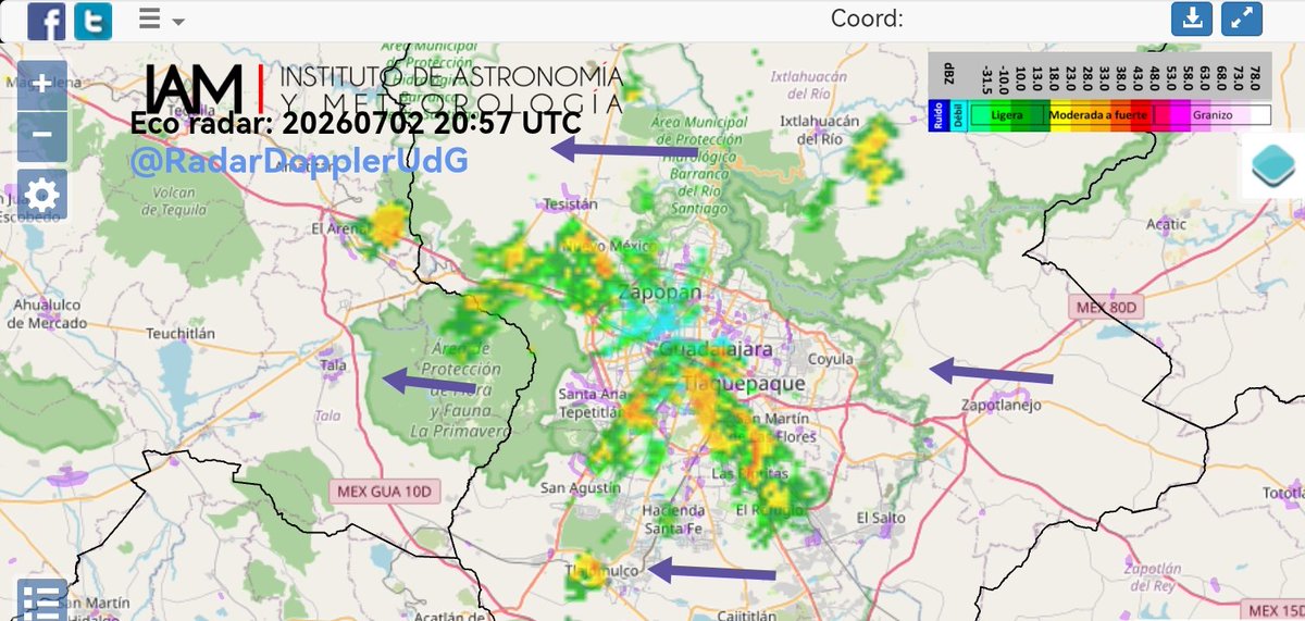 RadarDopplerUdG's tweet photo. Tormenta severa en el área metropolitana de Guadalajara y muncipios colindantes

Atención con posibles encharcamientos e inundaciones https://t.co/193XOL3H9c