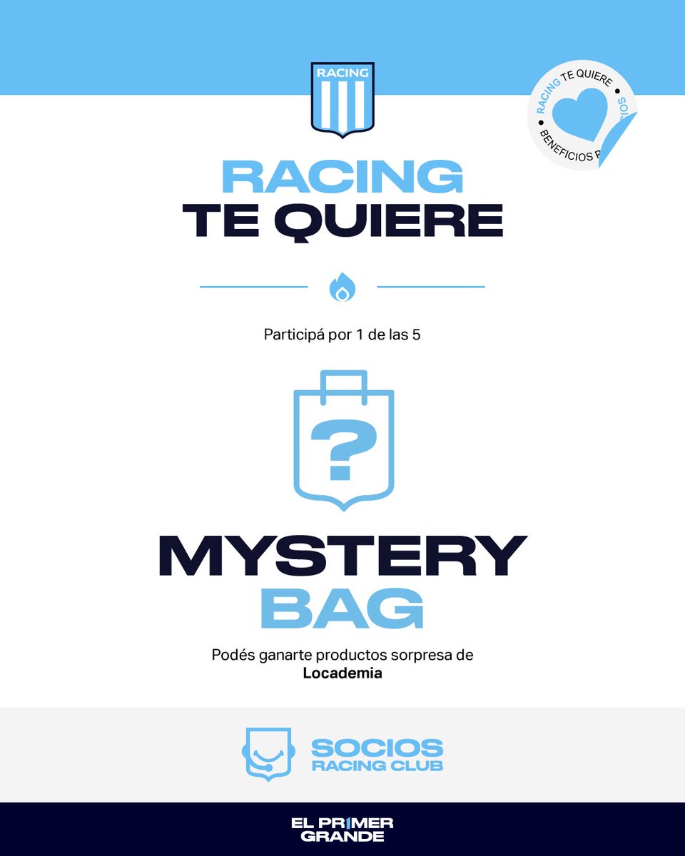 RacingSocios's tweet photo. Racing te quiere 🩵

Junto a @locademiaracing realizamos un nuevo sorteo de 5 Mystery Bags para socios y socias con cuota al día.

¿Cómo participas?
✅ Seguí a @RacingSocios y @locademiaracing
✅ Like y RT
✅ Cuota al día
✅ Comentá tu nombre y últimos 3 números de socio/a https://t.co/sxzEVqNcyK