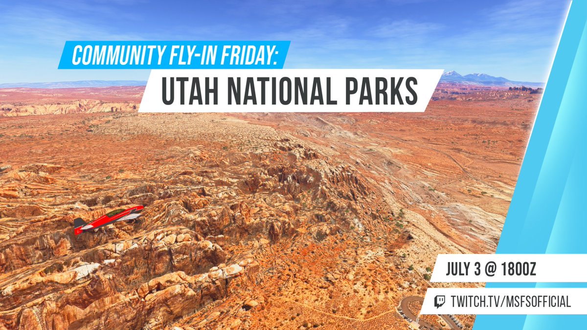 MSFSofficial's tweet photo. To celebrate the release of World Update 22, our Community Fly-In group flight this week will be to Utah where we will visit three national parks: Canyonlands, Arches, and Bryce Canyon! All are welcome!  

🔗 https://t.co/9i7iL0ZGmf https://t.co/ZRfpfKWUQb