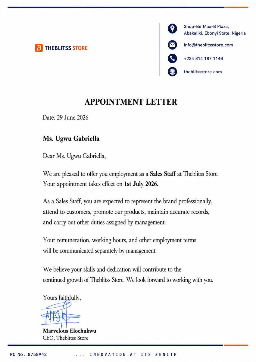 MarvelousElochi's tweet photo. Congratulations on your employment

We are delighted to welcome you to Theblitss. As we continue to grow, our vision is to build a company that will create employment opportunities for thousands of young people in the years to come.

Welcome to the Theblitss family. https://t.co/P2NSF1HNGS