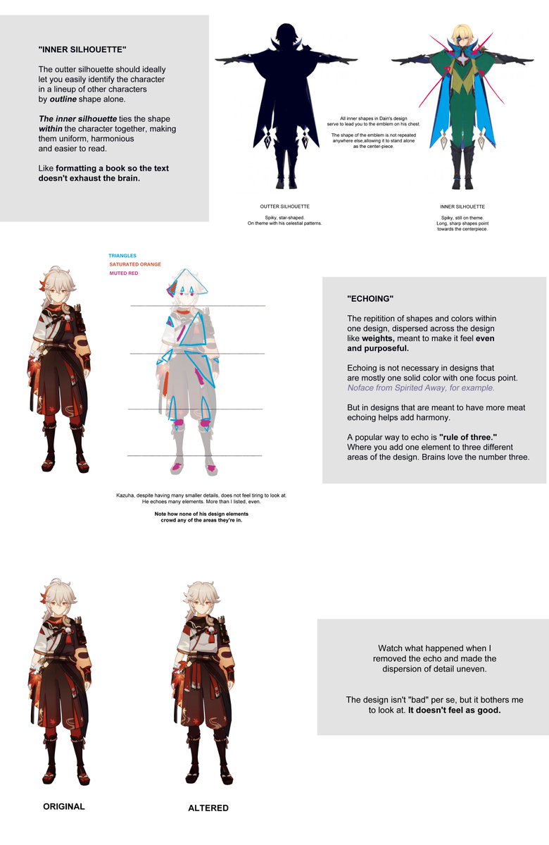 aethersweep's tweet photo. a self-critique where i go over all the things that went "wrong" in my little genshin OC design edit

note that these are not character design rules, but theories. they get broken all the time (even by professionals) and can still look cool

however, they are helpful tools -> https://t.co/Jx8HBGa14q