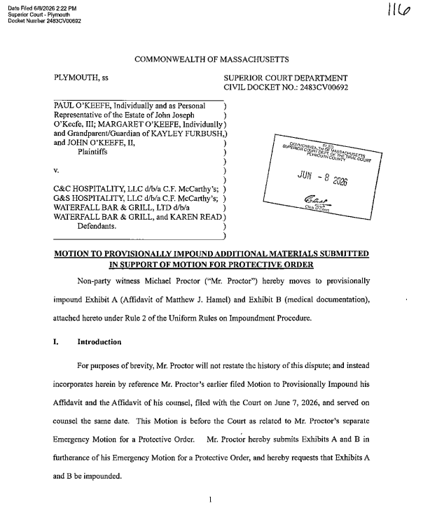 GrantSmithEllis's tweet photo. Alright, I think I have figured out what happened regarding Wednesday's Karen Read and John O'Keefe Proctorgate hearing.

On 6/8/26 at 2:22PM ET, the Clerk uploaded the original motion to impound document to MassCourts without the court's stamp which, in turn, led Judge Gildea to think it was not a publicly filed document.

At 2:46PM ET on that day, Kyle Sharkey (@KyleSharkey8) posted the document because he monitors the MassCourts docket, by hand, closer than anyone else in the world.

At 2:52PM ET I reposed Kyle's post, and included screenshots of the document that was uploaded by the Clerk to MassCourts at 2:22PM ET.

The document (paper 116) was eventually updated by the Clerk on MassCourts (at a time unknown), in the same form as it was originally uploaded, with the court's stamp (where it remains publicly accessible to this day).

Mystery solved.