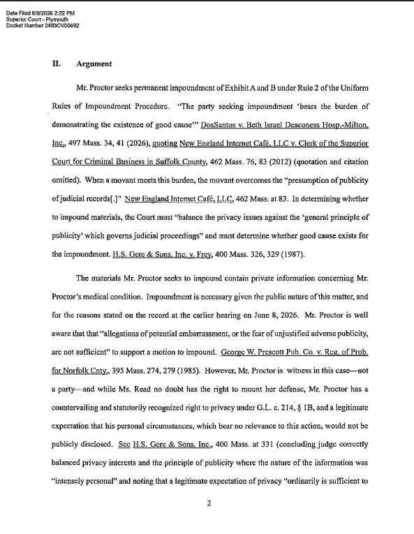 GrantSmithEllis's tweet photo. Alright, I think I have figured out what happened regarding Wednesday's Karen Read and John O'Keefe Proctorgate hearing.

On 6/8/26 at 2:22PM ET, the Clerk uploaded the original motion to impound document to MassCourts without the court's stamp which, in turn, led Judge Gildea to think it was not a publicly filed document.

At 2:46PM ET on that day, Kyle Sharkey (@KyleSharkey8) posted the document because he monitors the MassCourts docket, by hand, closer than anyone else in the world.

At 2:52PM ET I reposed Kyle's post, and included screenshots of the document that was uploaded by the Clerk to MassCourts at 2:22PM ET.

The document (paper 116) was eventually updated by the Clerk on MassCourts (at a time unknown), in the same form as it was originally uploaded, with the court's stamp (where it remains publicly accessible to this day).

Mystery solved.